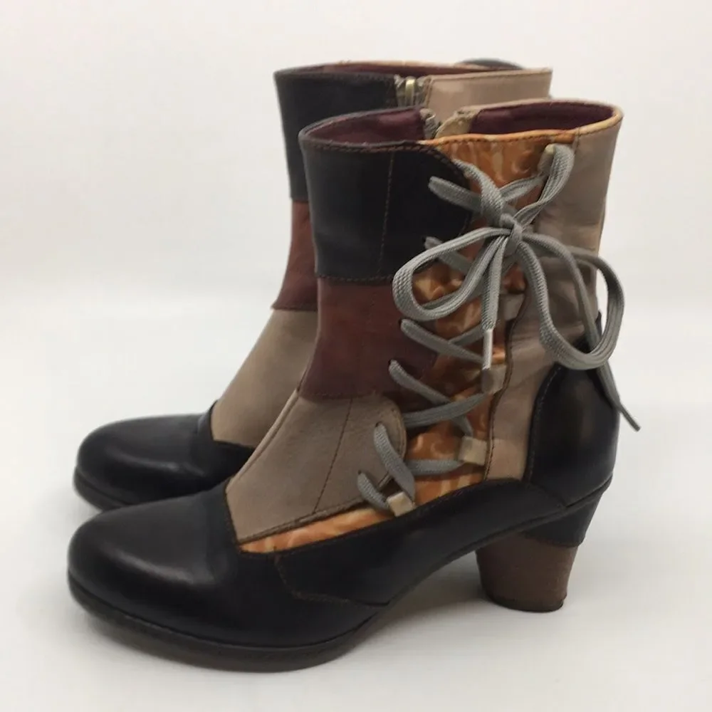 L'Artiste By Spring Step Mia Booties Boots Patchwork Corset Zip Size 36 US 5.5-6